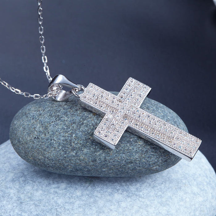 Micro Setting Cubic Zirconia 925 Sterling Silver Cross Pendant Necklace XFN8039