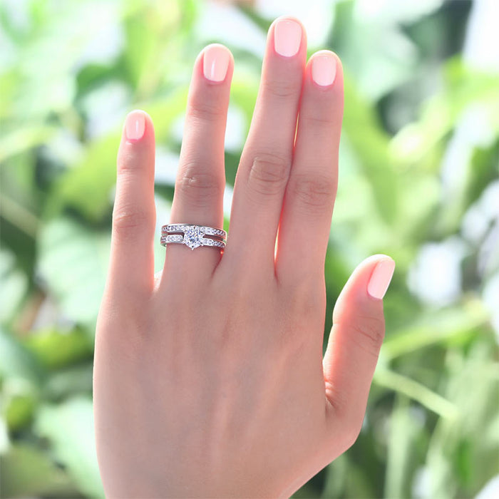 1 Carat Round Cut Simulated Diamond 925 Sterling Silver 2-Pc Wedding Engagement Ring Set XFR8014