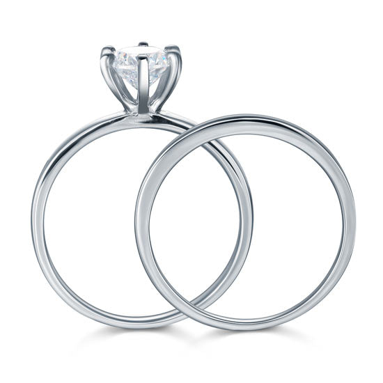 Sterling 925 Silver 1.25 Carat Simulated Diamond 2-Pc Ring Set 6 Claws XFR8031