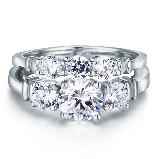 Simulated Diamond 2-Pc Solid Sterling 925 Silver Ring Set XFR8066