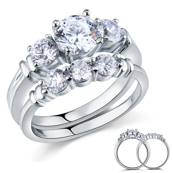 Simulated Diamond 2-Pc Solid Sterling 925 Silver Ring Set XFR8066