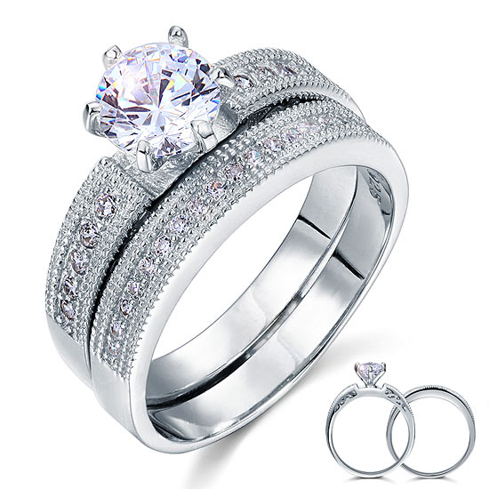 Vintage Style 1.25  Solitaire Simulated Diamond Solid Sterling 925 Silver 2-Pc Bridal Wedding Engagement Ring Set XFR8096