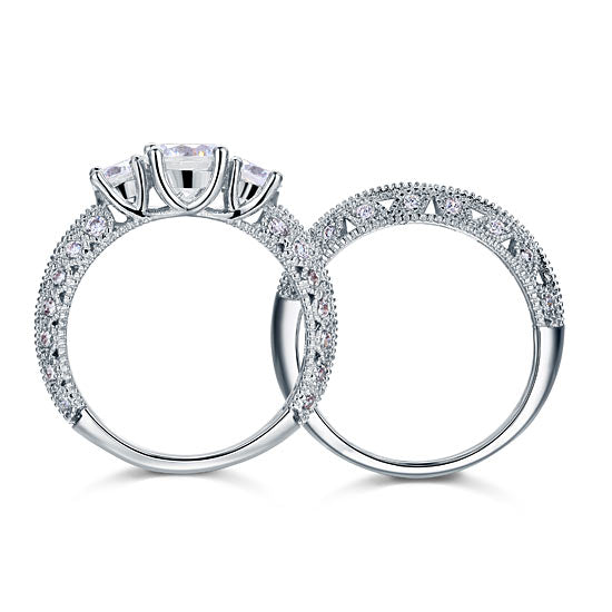 Vintage Style Victorian Art Deco 1.5 Carat Simulated Diamond Solid Sterling 925 Silver 2-Pcs Wedding Engagement Ring Set XFR8100