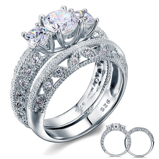 Vintage Style Victorian Art Deco 1.5 Carat Simulated Diamond Solid Sterling 925 Silver 2-Pcs Wedding Engagement Ring Set XFR8100
