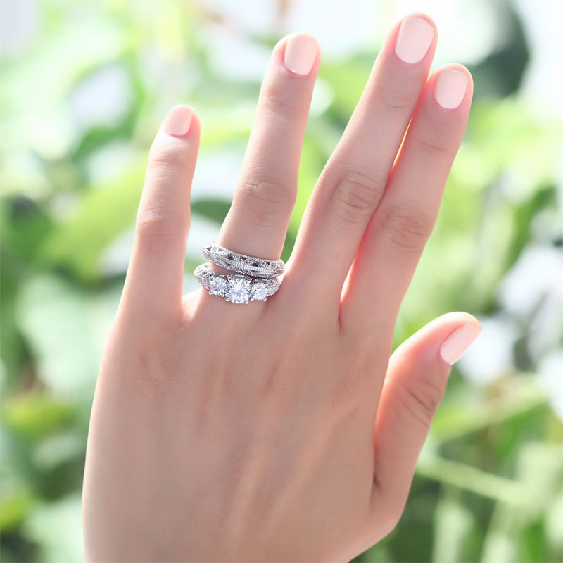 Vintage Style Victorian Art Deco 1.5 Carat Simulated Diamond Solid Sterling 925 Silver 2-Pcs Wedding Engagement Ring Set XFR8100