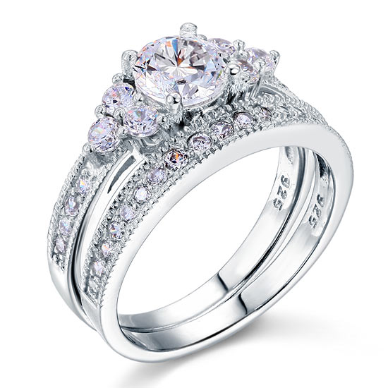 Vintage Style 1 Carat Simulated Diamond Solid Sterling 925 Silver 2-Pc Wedding Engagement Ring Set XFR8102