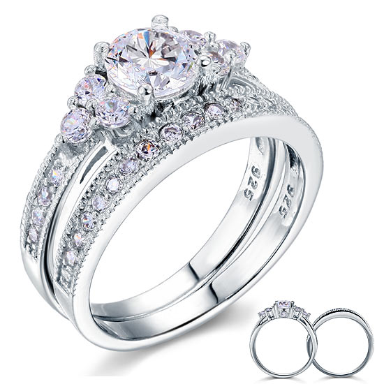 Vintage Style 1 Carat Simulated Diamond Solid Sterling 925 Silver 2-Pc Wedding Engagement Ring Set XFR8102