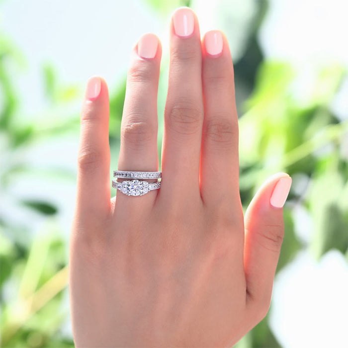 Vintage Style 1 Carat Simulated Diamond Solid Sterling 925 Silver 2-Pc Wedding Engagement Ring Set XFR8102