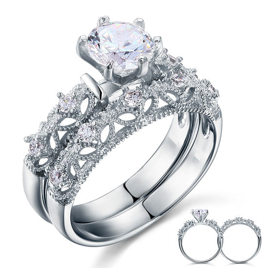 Vintage Style Victorian Art Deco 1.25 Carat Simulated Diamond Solid Sterling 925 Silver 2-Pcs Wedding Engagement Ring Set XFR8103
