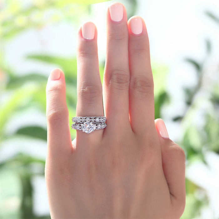 Vintage Style Victorian Art Deco 1.25 Carat Simulated Diamond Solid Sterling 925 Silver 2-Pcs Wedding Engagement Ring Set XFR8103