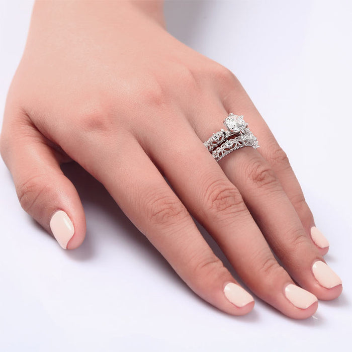 Vintage Style Victorian Art Deco 1.25 Carat Simulated Diamond Solid Sterling 925 Silver 2-Pcs Wedding Engagement Ring Set XFR8103