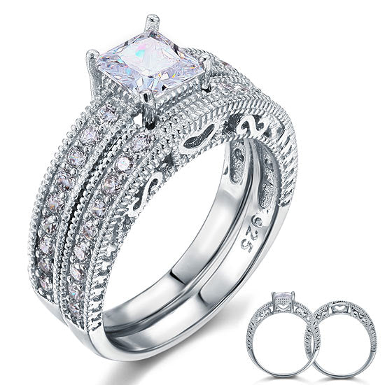 Vintage Style Victorian Art Deco 1 Carat Simulated Diamond Solid Sterling 925 Silver 2-Pc Wedding Engagement Ring Set XFR8104