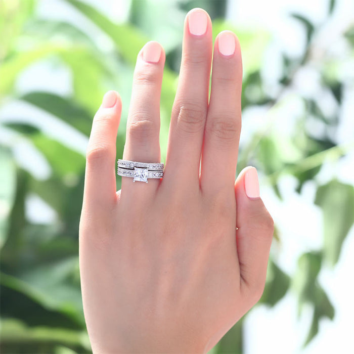 Vintage Style Victorian Art Deco 1 Carat Simulated Diamond Solid Sterling 925 Silver 2-Pc Wedding Engagement Ring Set XFR8104