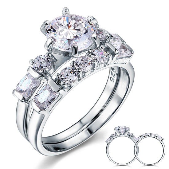 Vintage Style 2 Carat Simulated Diamond Solid Sterling 925 Silver 2-Pc Wedding Engagement Ring Set XFR8105