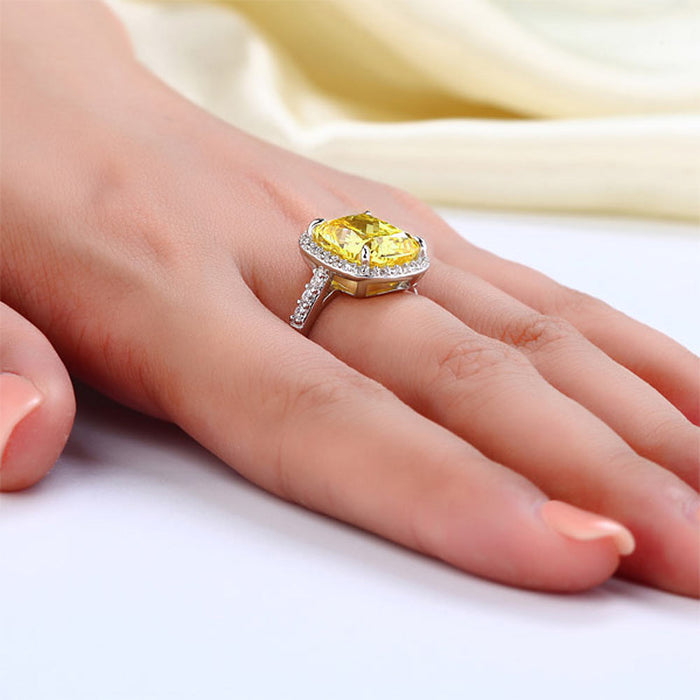 Solid 925 Sterling Silver Luxury Engagement Ring 6 ct Cushion Cut Yellow Canary Simulated Diamante Jewelry XFR8151