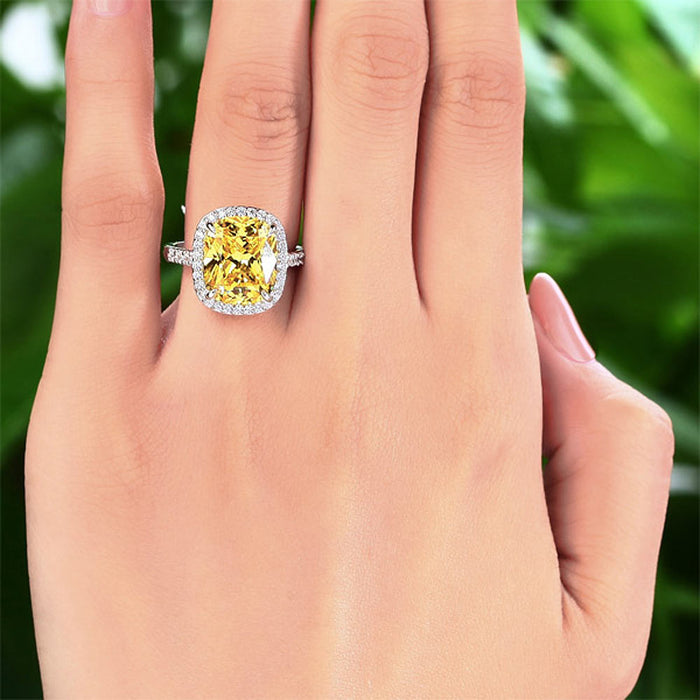 Solid 925 Sterling Silver Luxury Engagement Ring 6 ct Cushion Cut Yellow Canary Simulated Diamante Jewelry XFR8151