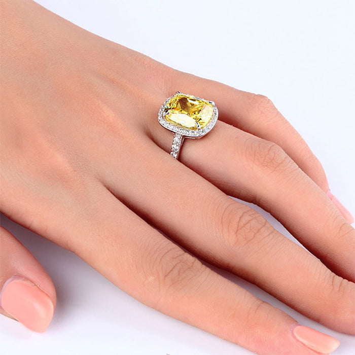 Solid 925 Sterling Silver Luxury Engagement Ring 6 ct Cushion Cut Yellow Canary Simulated Diamante Jewelry XFR8151