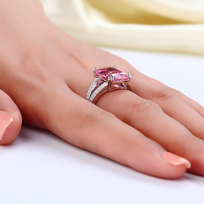 925 Sterling Silver Luxury Ring 6 Carat Fancy Pink Simulated Diamond Radiant Cut XFR8153