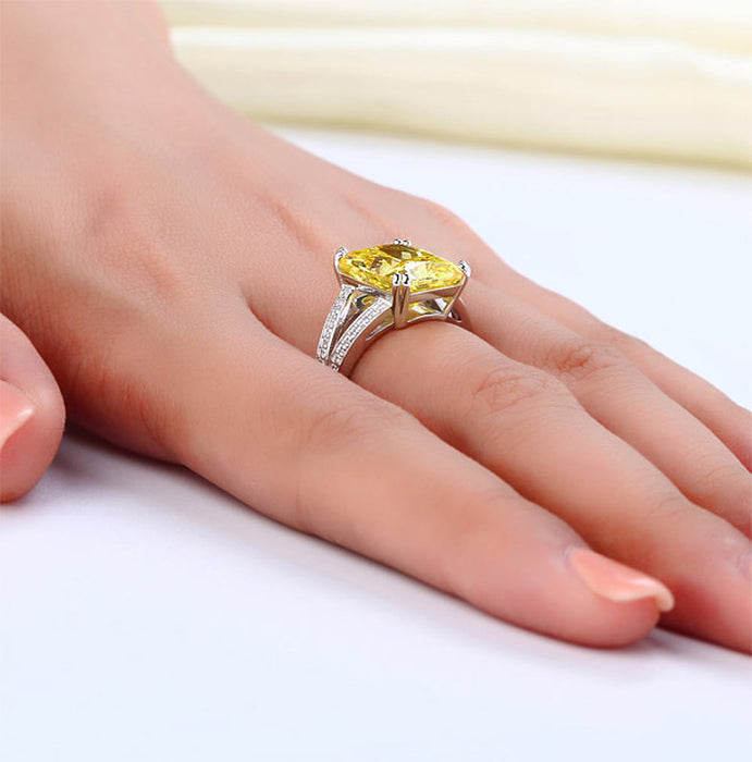 925 Sterling Silver Luxury Ring 6 Carat Fancy Yellow Simulated Diamond Radiant Cut XFR8154