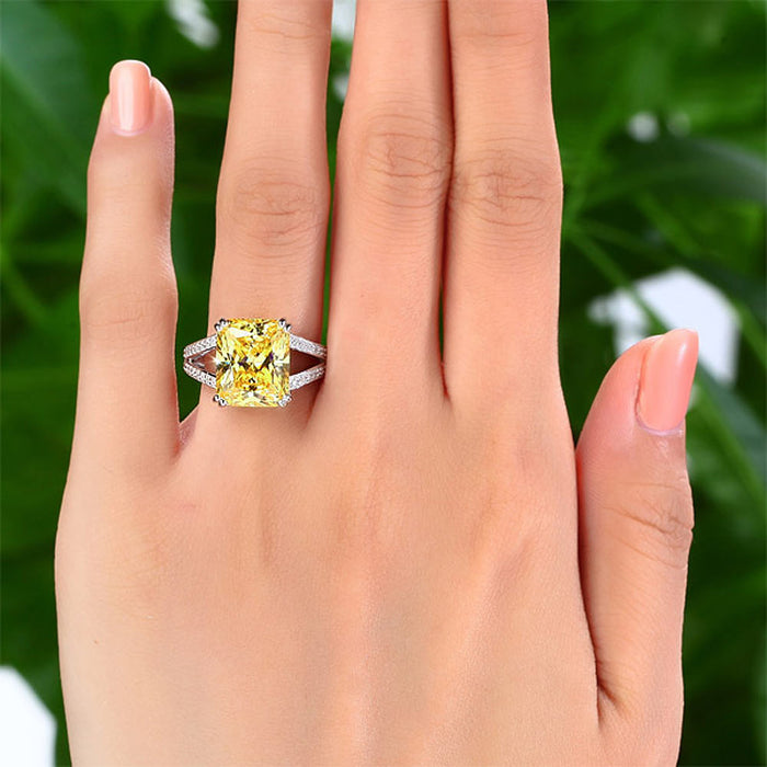 925 Sterling Silver Luxury Ring 6 Carat Fancy Yellow Simulated Diamond Radiant Cut XFR8154