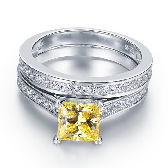 1.5 Ct Princess Cut Yellow Canary Solid 925 Sterling Silver 2-Pcs Wedding Ring Set XFR8194S