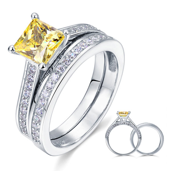1.5 Ct Princess Cut Yellow Canary Solid 925 Sterling Silver 2-Pcs Wedding Ring Set XFR8194S