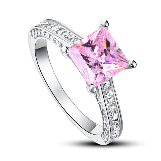 1.5 Carat Princess Cut Fancy Pink Simulated Diamond 925 Sterling Silver Wedding Engagement Ring XFR8195