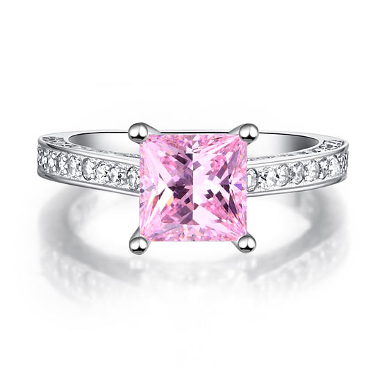 1.5 Carat Princess Cut Fancy Pink Simulated Diamond 925 Sterling Silver Wedding Engagement Ring XFR8195