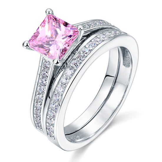 1.5 Carat Princess Cut 2-Pc Fancy Pink Simulated Diamond 925 Sterling Silver Wedding Engagement Ring Set XFR8195S