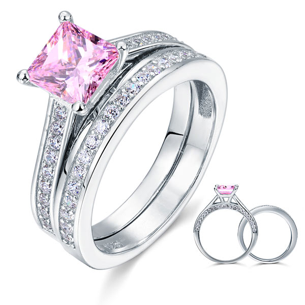 1.5 Carat Princess Cut 2-Pc Fancy Pink Simulated Diamond 925 Sterling Silver Wedding Engagement Ring Set XFR8195S