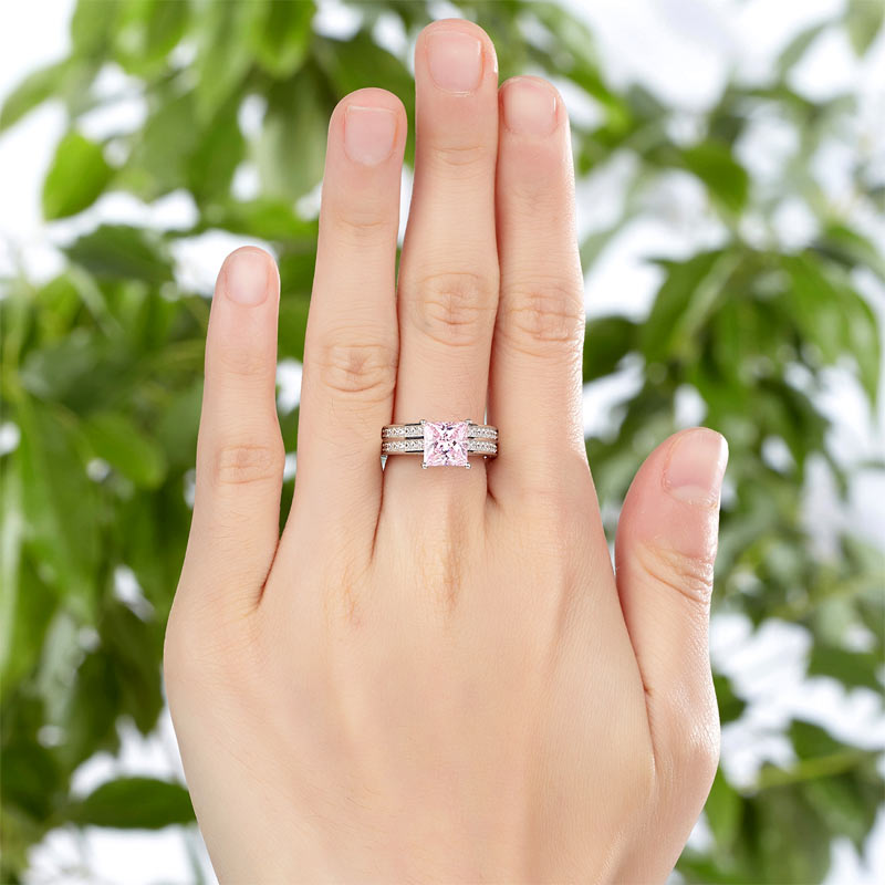 1.5 Carat Princess Cut 2-Pc Fancy Pink Simulated Diamond 925 Sterling Silver Wedding Engagement Ring Set XFR8195S