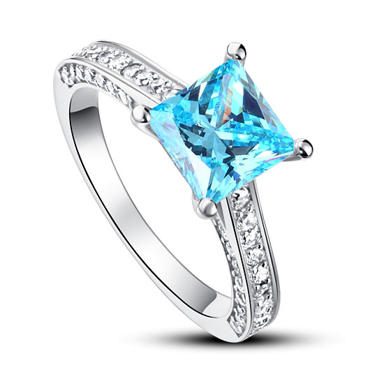 1.5 Carat Princess Cut Fancy Blue Simulated Diamond 925 Sterling Silver Wedding Engagement Ring XFR8196