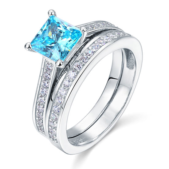 1.5 Carat Princess Cut 2-Pcs Fancy Blue Simulated Diamond 925 Sterling Silver Wedding Engagement Ring Set XFR8196S