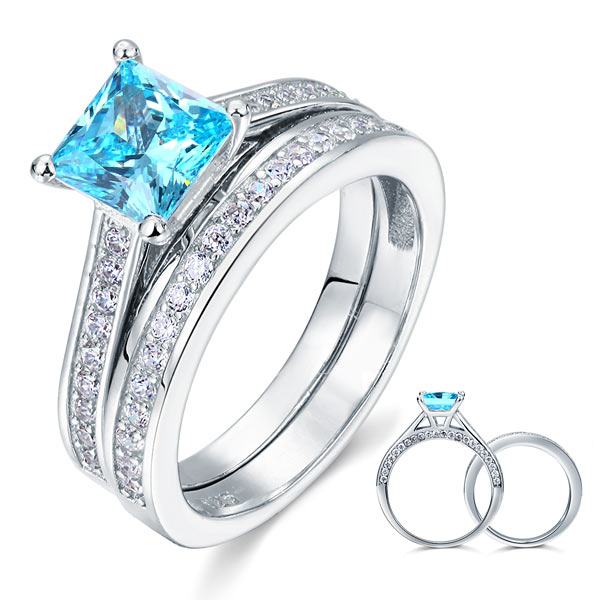 1.5 Carat Princess Cut 2-Pcs Fancy Blue Simulated Diamond 925 Sterling Silver Wedding Engagement Ring Set XFR8196S