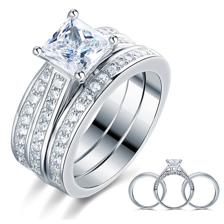 925 Sterling Silver 3 Pcs Wedding Engagement Ring Set Simulated Diamond XFR8197