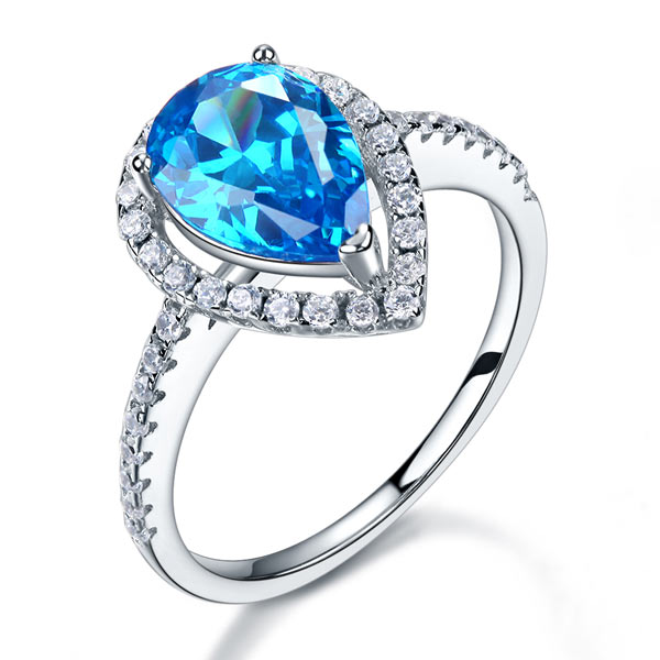 Sterling 925 Silver Wedding Engagement Ring Pear Blue Simulated Diamond Jewelry XFR8202