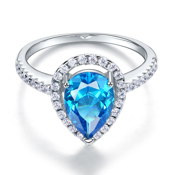 Sterling 925 Silver Wedding Engagement Ring Pear Blue Simulated Diamond Jewelry XFR8202