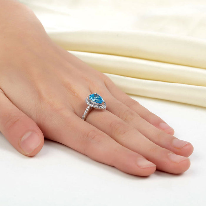 Sterling 925 Silver Wedding Engagement Ring Pear Blue Simulated Diamond Jewelry XFR8202