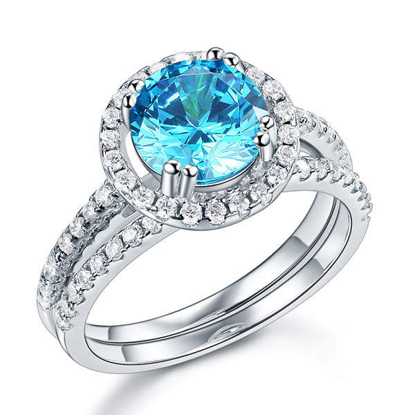 925 Sterling Silver Wedding Engagement Halo Ring Set 2 Carat Blue Simulated Diamond XFR8219