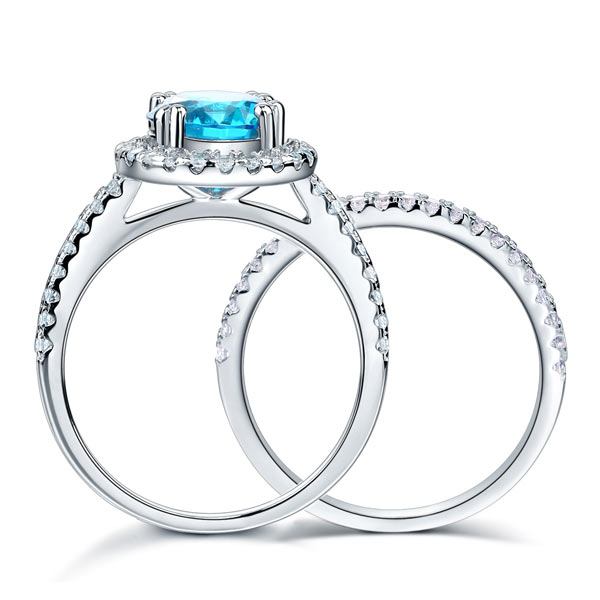 925 Sterling Silver Wedding Engagement Halo Ring Set 2 Carat Blue Simulated Diamond XFR8219