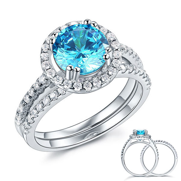 925 Sterling Silver Wedding Engagement Halo Ring Set 2 Carat Blue Simulated Diamond XFR8219