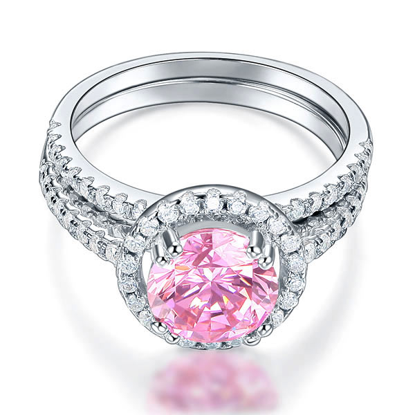925 Sterling Silver Wedding Engagement Halo Ring Set 2 Carat Pink Simulated Diamond Wedding Jewelry XFR8220
