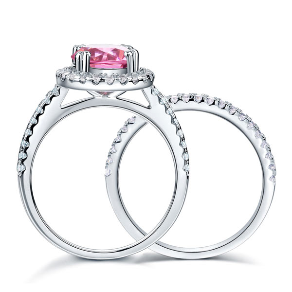 925 Sterling Silver Wedding Engagement Halo Ring Set 2 Carat Pink Simulated Diamond Wedding Jewelry XFR8220