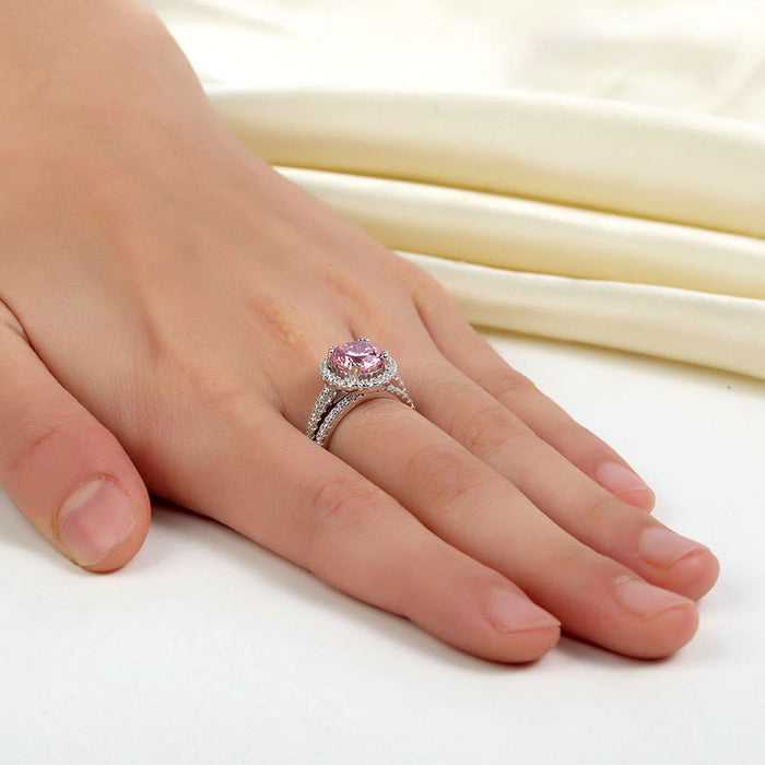 925 Sterling Silver Wedding Engagement Halo Ring Set 2 Carat Pink Simulated Diamond Wedding Jewelry XFR8220