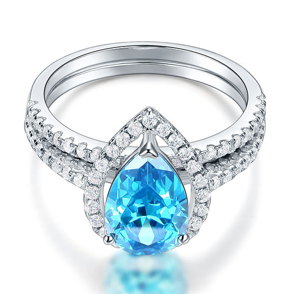 Sterling 925 Silver Bridal Wedding Engagement Ring Set 2 Carat Pear Fancy Blue Simulated Diamond Jewelry XFR8222