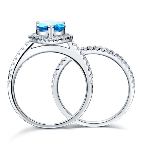 Sterling 925 Silver Bridal Wedding Engagement Ring Set 2 Carat Pear Fancy Blue Simulated Diamond Jewelry XFR8222