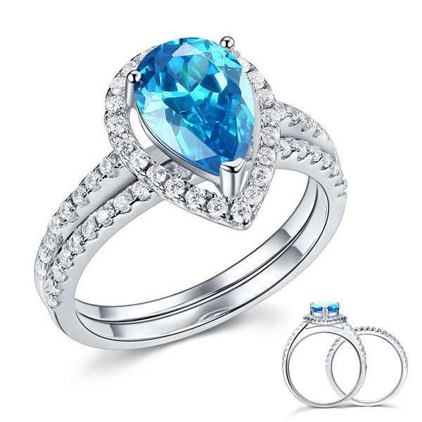 Sterling 925 Silver Bridal Wedding Engagement Ring Set 2 Carat Pear Fancy Blue Simulated Diamond Jewelry XFR8222