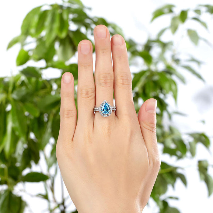 Sterling 925 Silver Bridal Wedding Engagement Ring Set 2 Carat Pear Fancy Blue Simulated Diamond Jewelry XFR8222