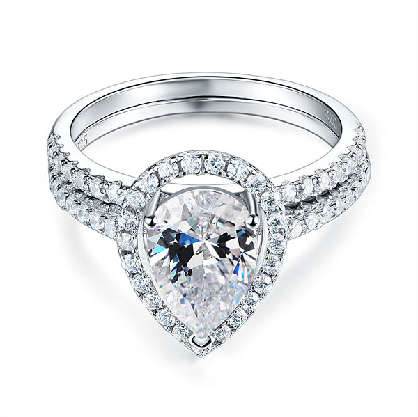 Solid Sterling 925 Silver Bridal Wedding Promise Engagement Ring Set 2 Ct Pear Jewelry XFR8224