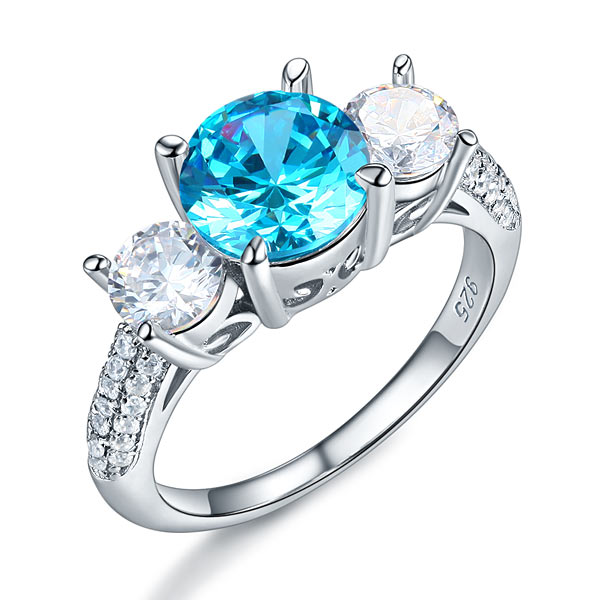 925 Sterling Silver 3-Stone Bridal Ring 2 Carat Simulated Blue Diamond Vintage Style Jewelry XFR8226